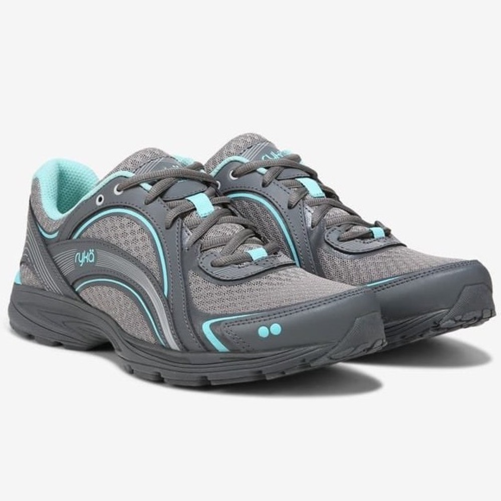 Ryka Sky Walk Womens Walking Shoes Grey Aqua Leather Mesh Sz 9 Wide NEW